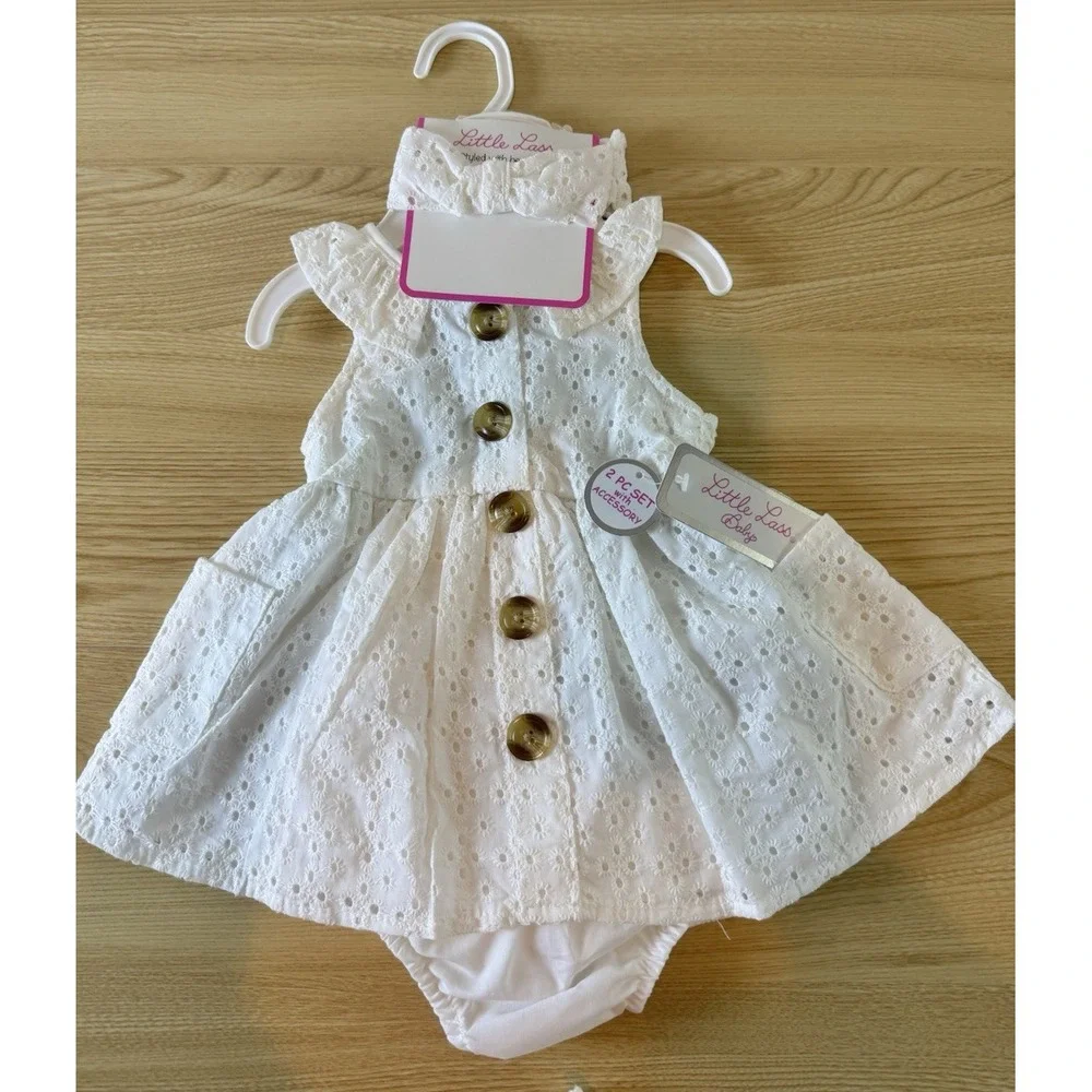 NWT Little Lass Baby Girl White Eyelet Dress Bloomer Headband 0-3M 3PC